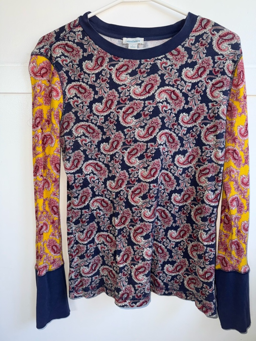Sundance Thermal Long Sleeve Waffle Top Pure Paisley Velvet & Button Trim Large